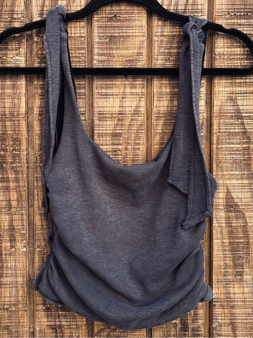 Free People Boulevard Dark Gray Tie Strap Ruched Cropped Tank Top